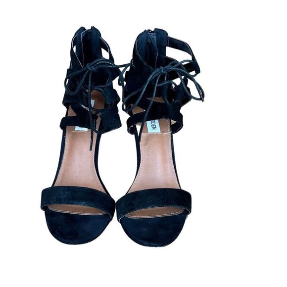 Steve Madden Strappy Black Suede Open Toe Heel Shoes Size 8 - Picture 2 of 12